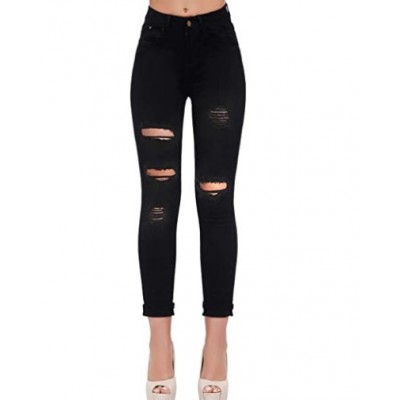 Black (T015) Women's High Waisted Ripped Skinny Jeans Distressed Slim Fit Stretchy Juniors Denim Pants