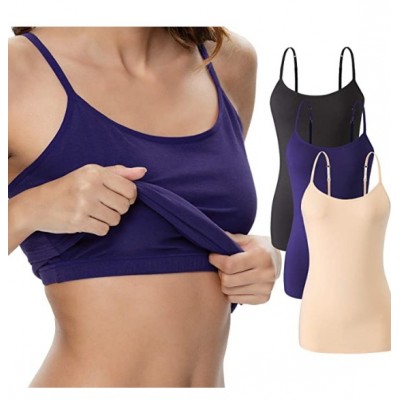 A-3pack - Black/Dark Blue/Apricot Womens Cotton Camisole Adjustable Strap Tank Tops with Shelf Bra Stretch Undershirts