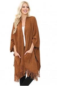 Chunky Knit Kimono Loose Cover Up- Textured Open Front Cardigan Shawl Cape Sweater Top with Pockets for Layering