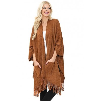 Chunky Knit Kimono Loose Cover Up- Textured Open Front Cardigan Shawl Cape Sweater Top with Pockets for Layering