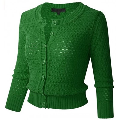 Womens Button Down 3/4 Sleeve Cropped Knit Cardigan Crochet Sweater