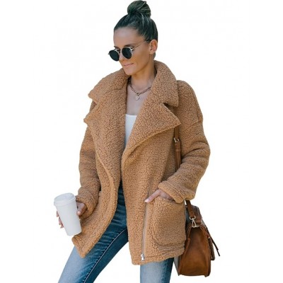 Women's Coat Casual Lapel Fleece Fuzzy Faux Shearling Zipper Coats Warm Winter Oversized Outwear Jackets